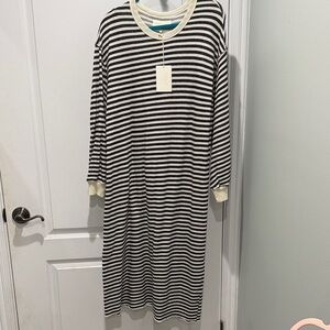 THE GREAT. Black and White Striped Long Sleeve Dress